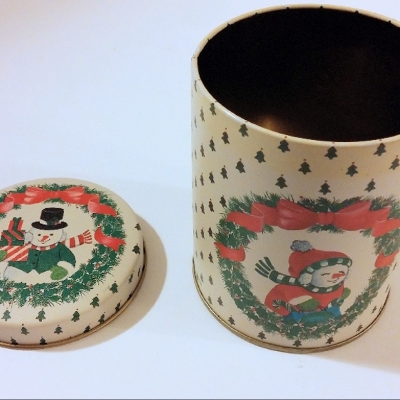 Vintage Christmas Tin with Festive Snowman and Wreath Graphics for the Holidays - Picture 4 of 7